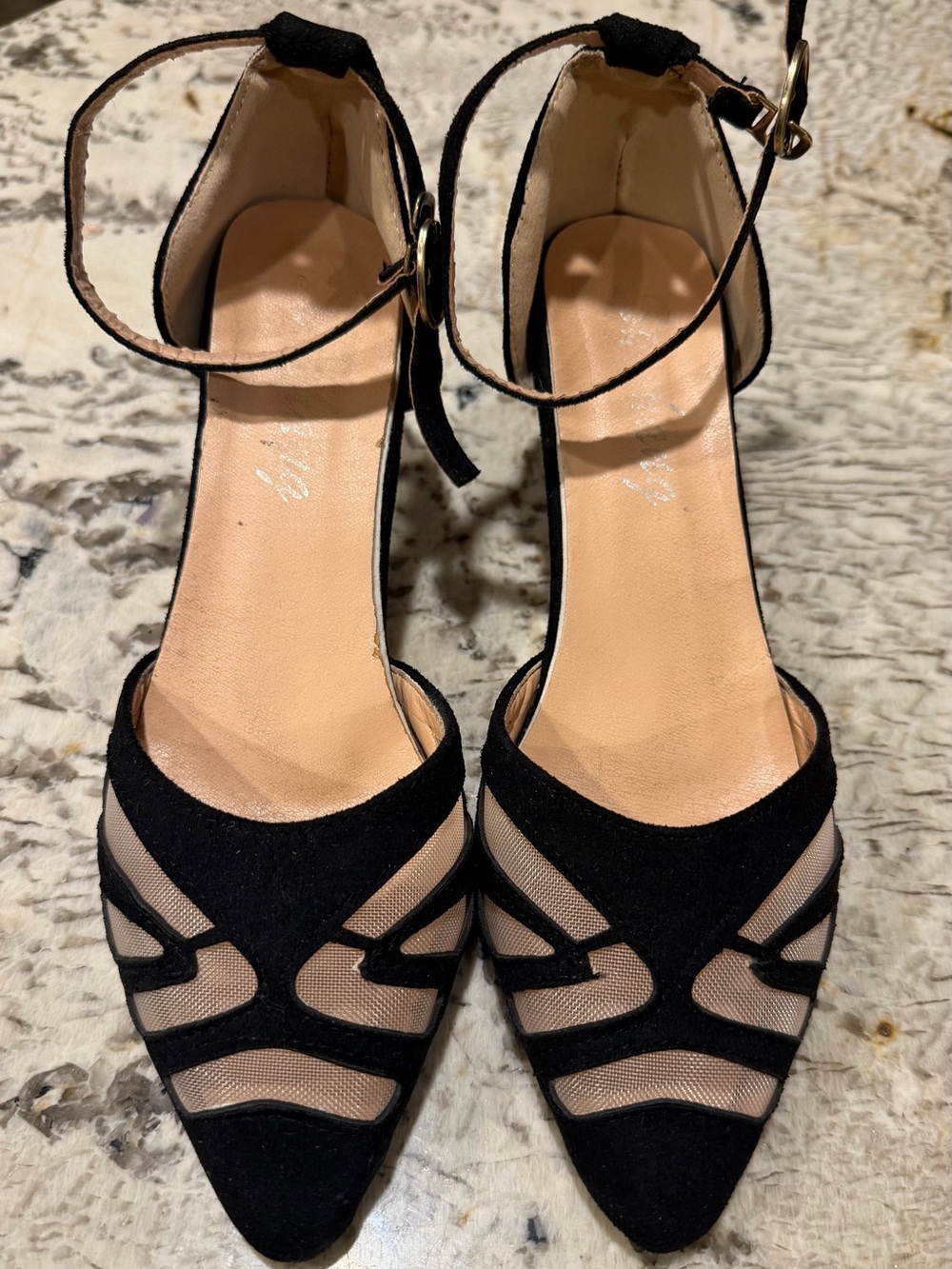 Vintage Black Pointed-Toe Ankle-Strap Heels with Sheer Insets